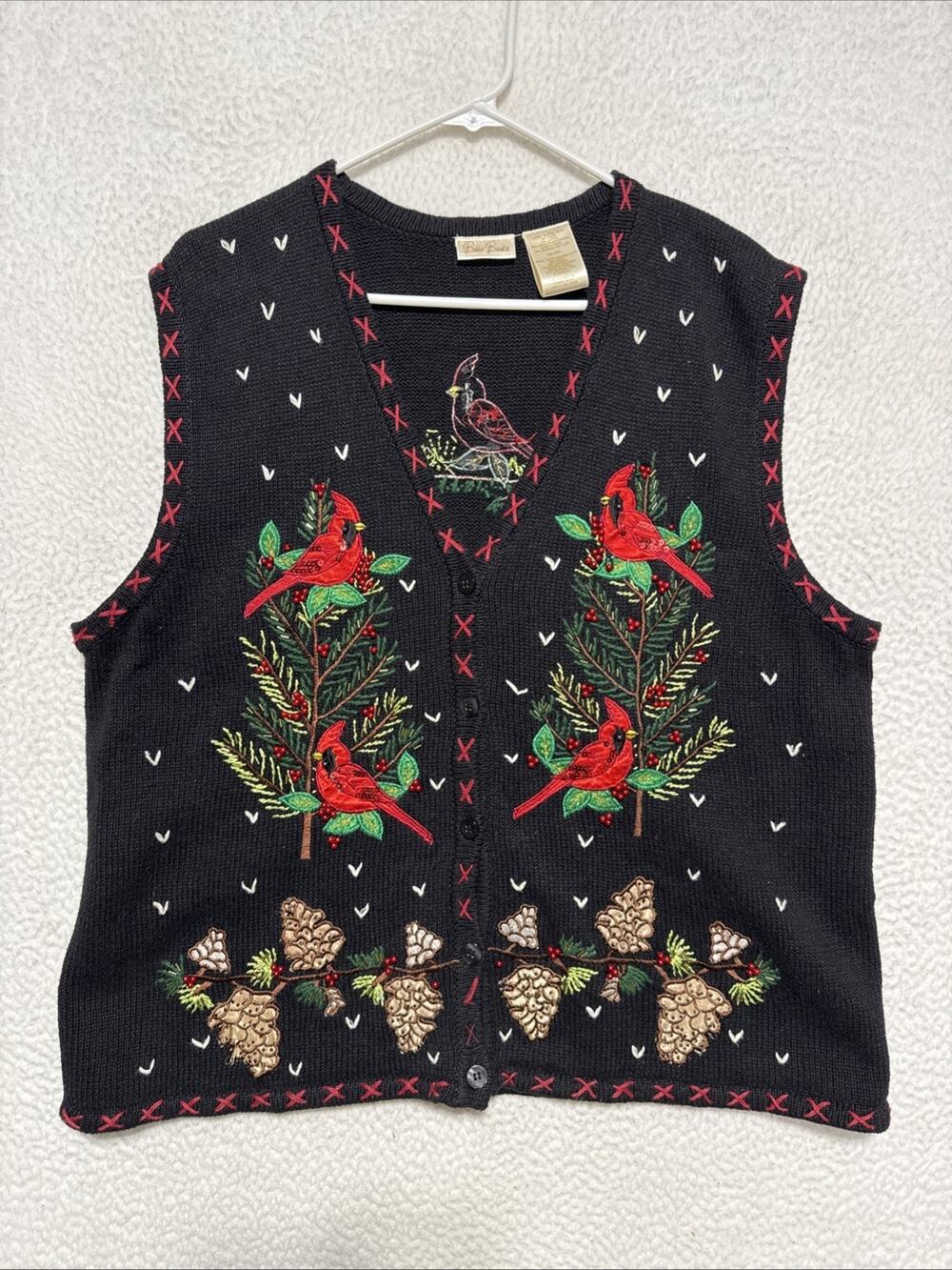 Vtg Bobbie Brooks Embroidered Christmas Cardinals Cardigan Vest Sz XL